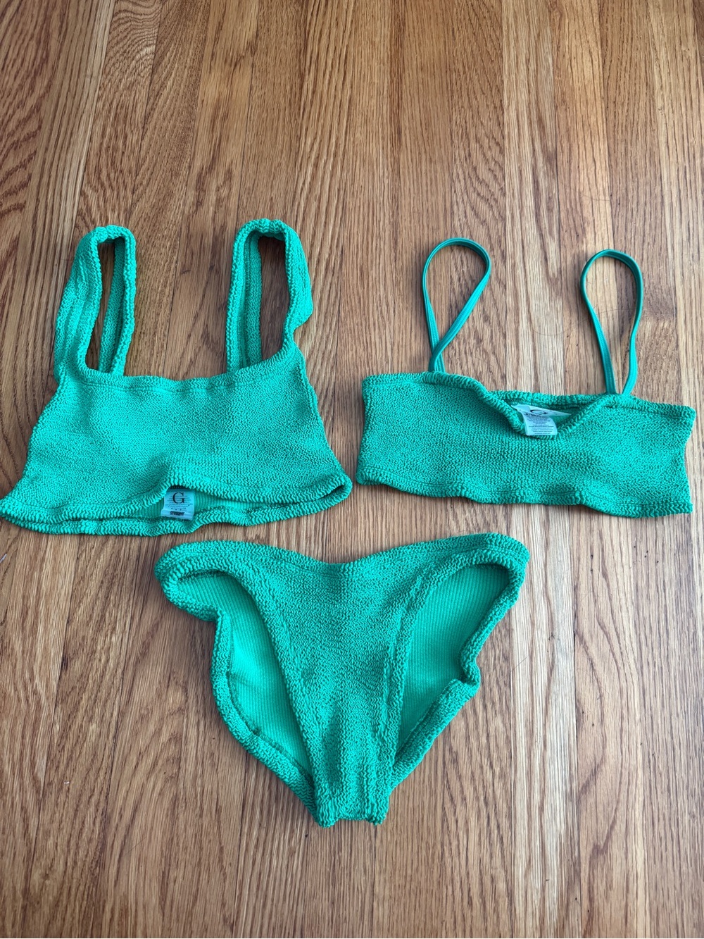 Hunza G green one size crinkle stretch bikini set